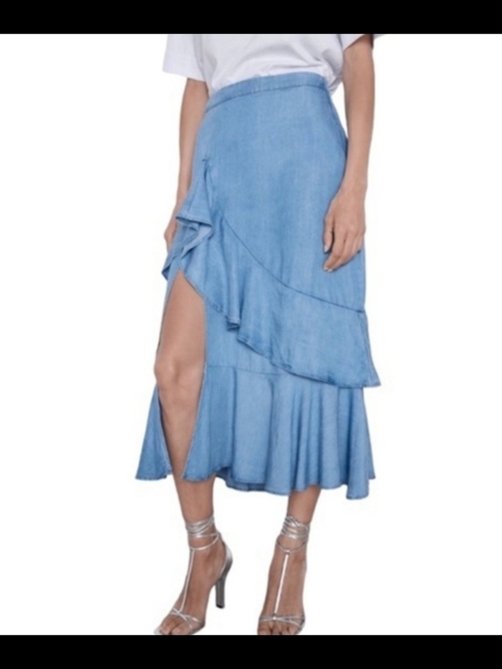 Zara Light Blue Ruffle Tiered Midi Skirt